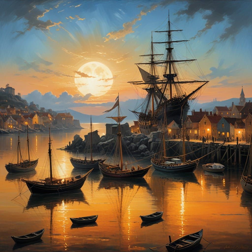 Moonlit Harbor Scene in Oil Painting Style