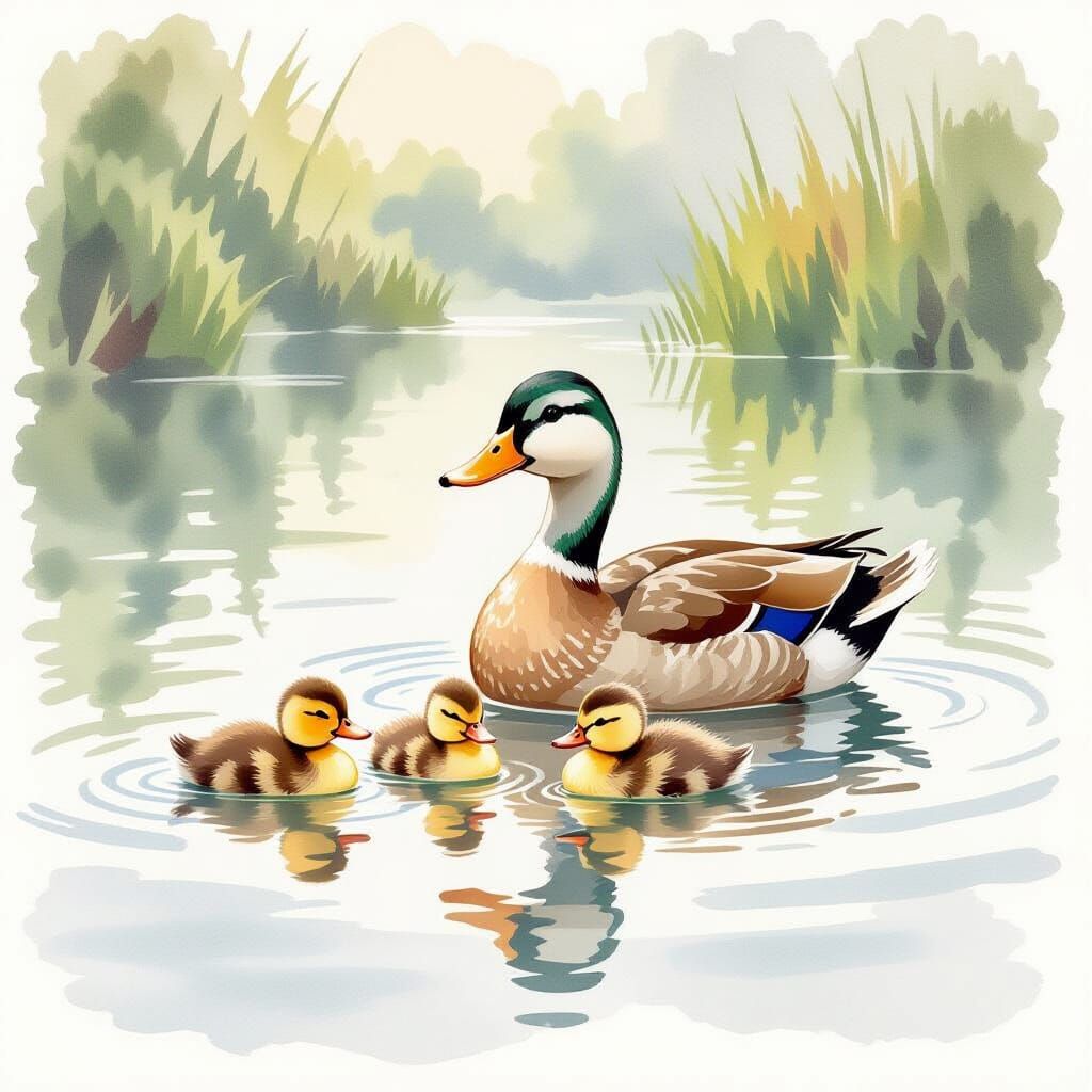 Watercolor Ducks and Ducklings on White Background
