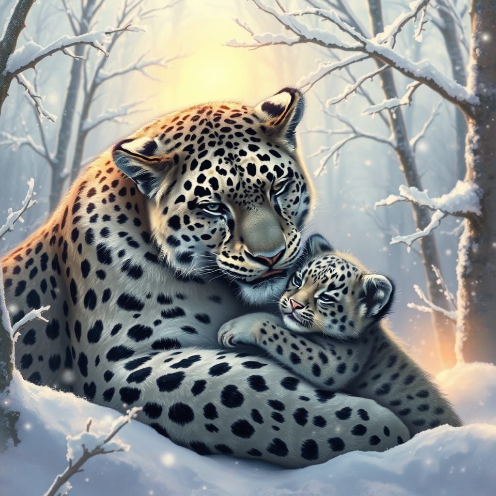 Snow Leopard Mother in Winter Wonderland