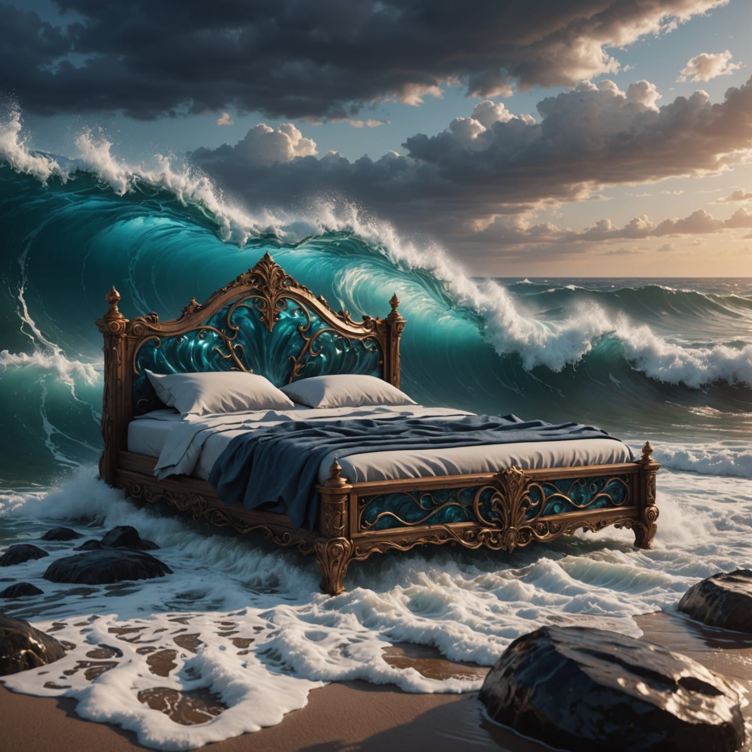 Fantastical Bed Made of Waves in Deep, Complementary Colors