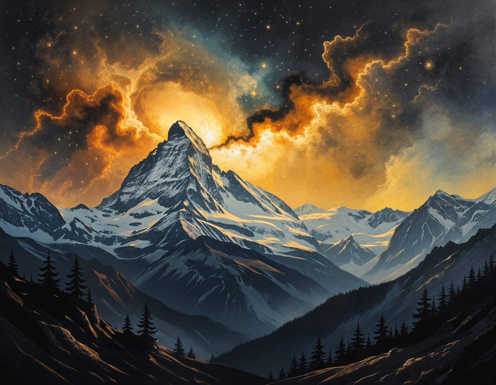 Alps Under Cosmic Nebula Sky with Gold and Black Tones