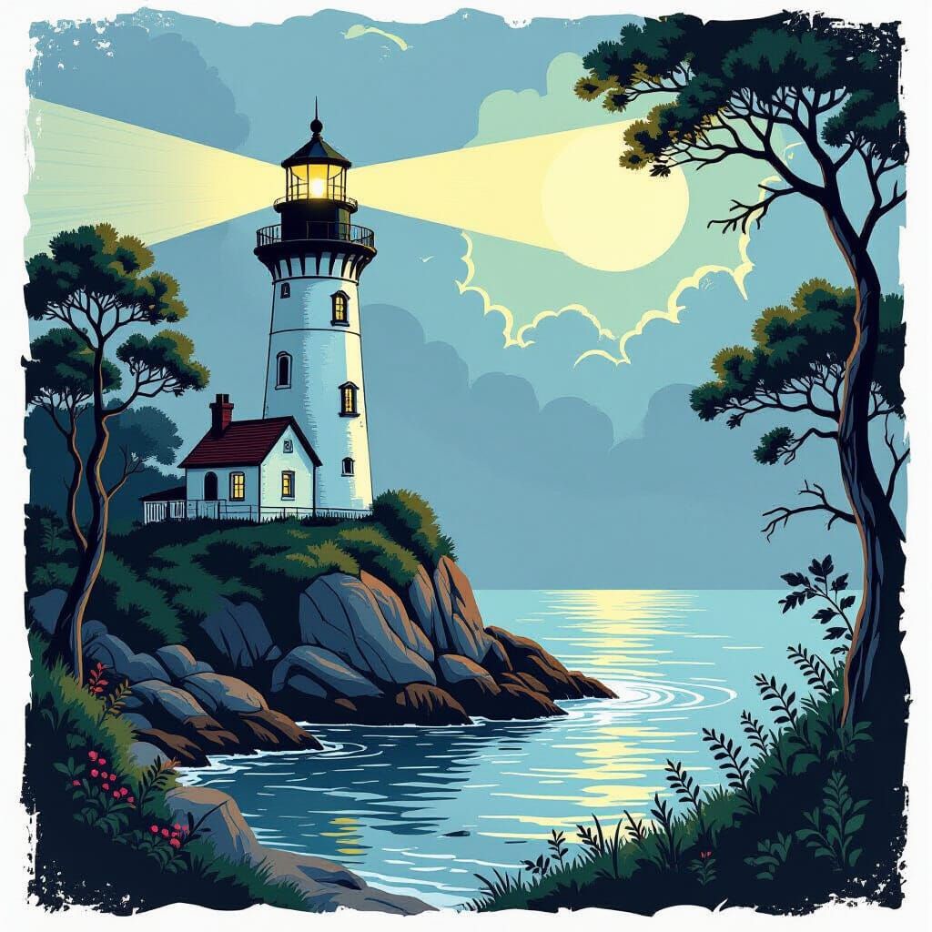 Majestic Lighthouse in Misty Twilight Fairytale Scene