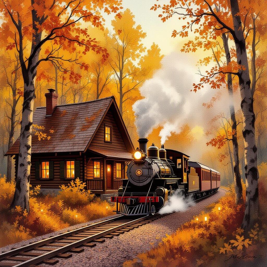 Cozy Autumn Cabin in Golden Forest with Vintage Train