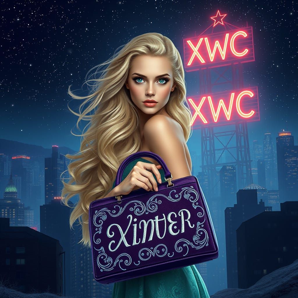 Ravishing Blonde Woman in Starry City with XWC Sign