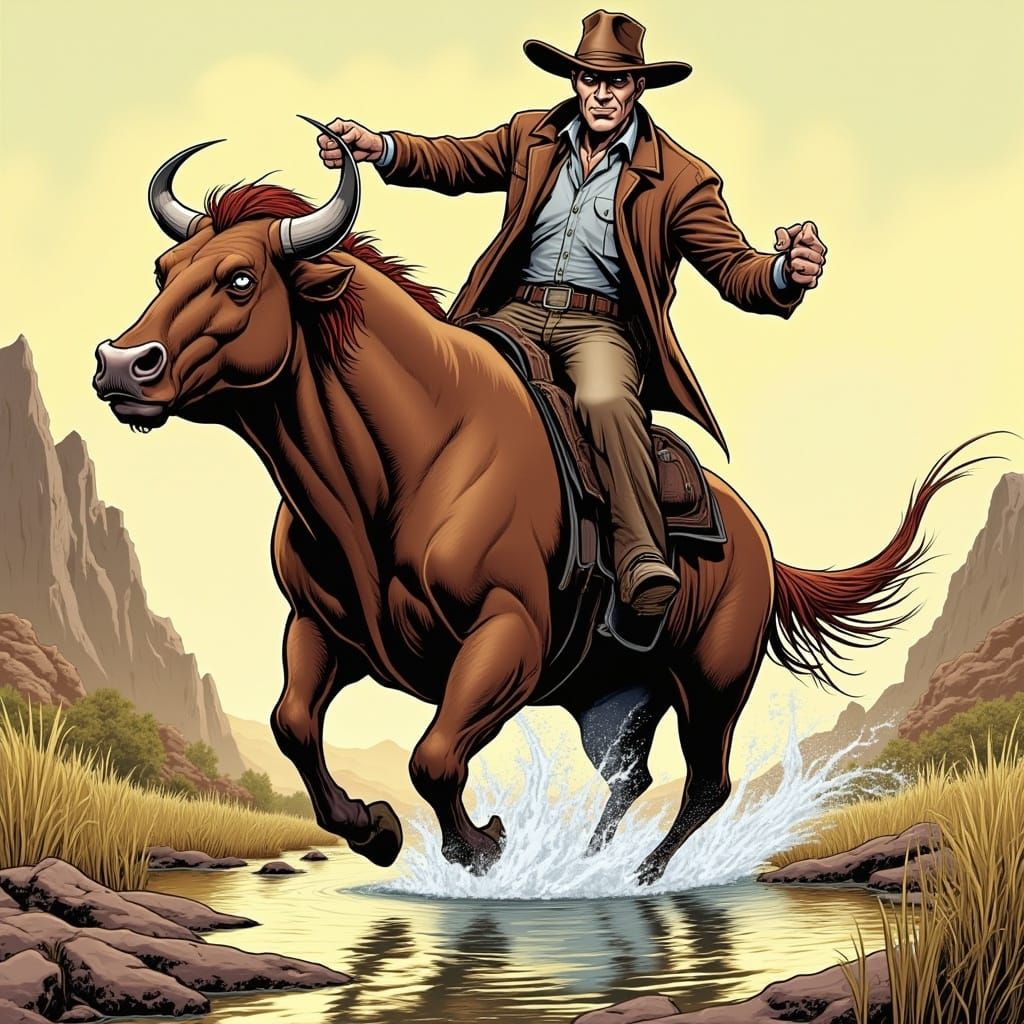 Cowboy Rides Bull in Western Comic Style