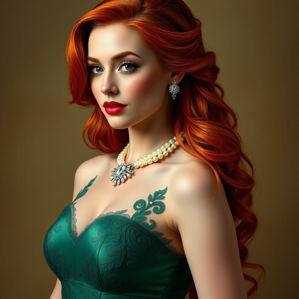 Hyper-Realistic Portrait of a Red-Haired Woman in Emerald Gr...