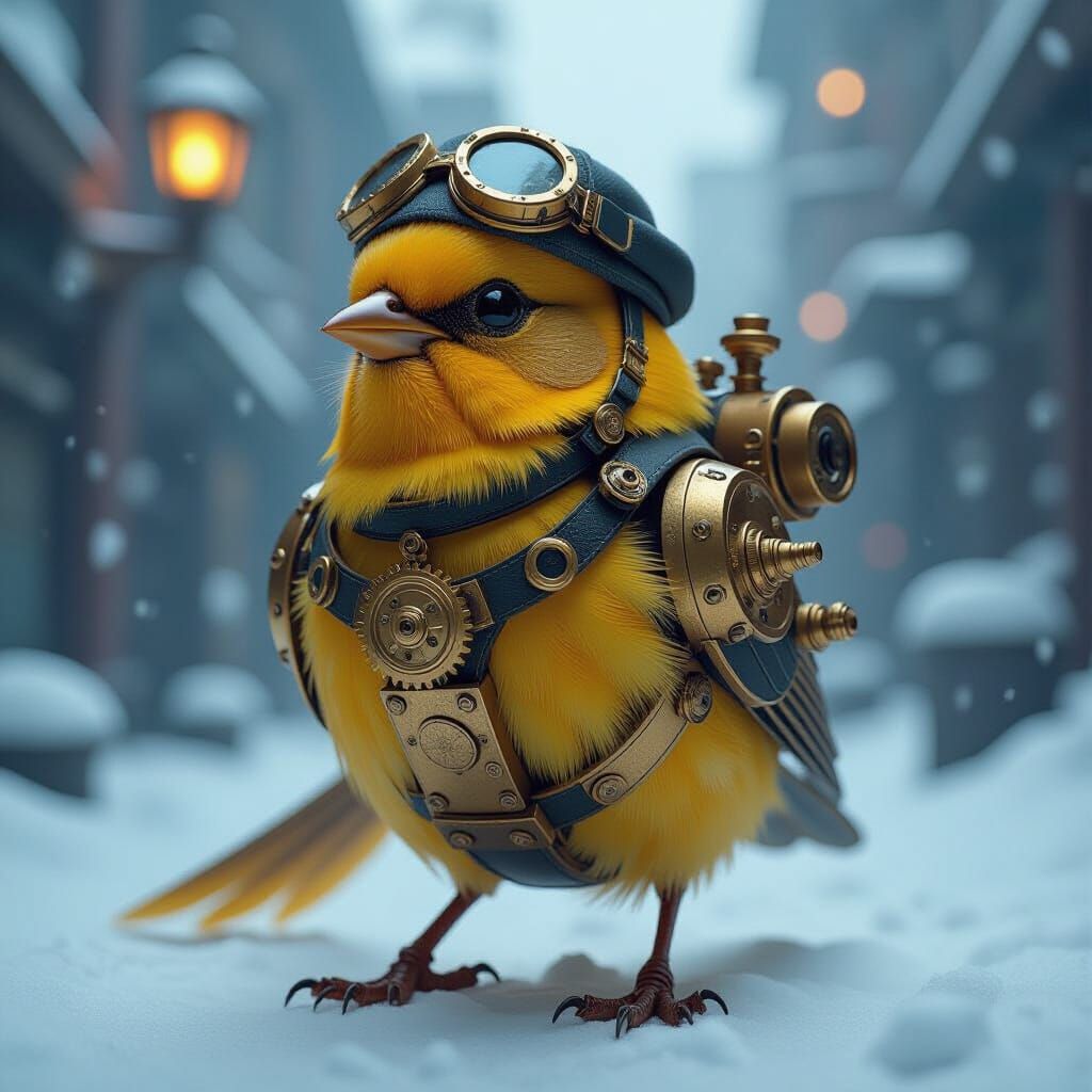 Golden Canary Steampunk Aviator in Snowy Industrial Scene