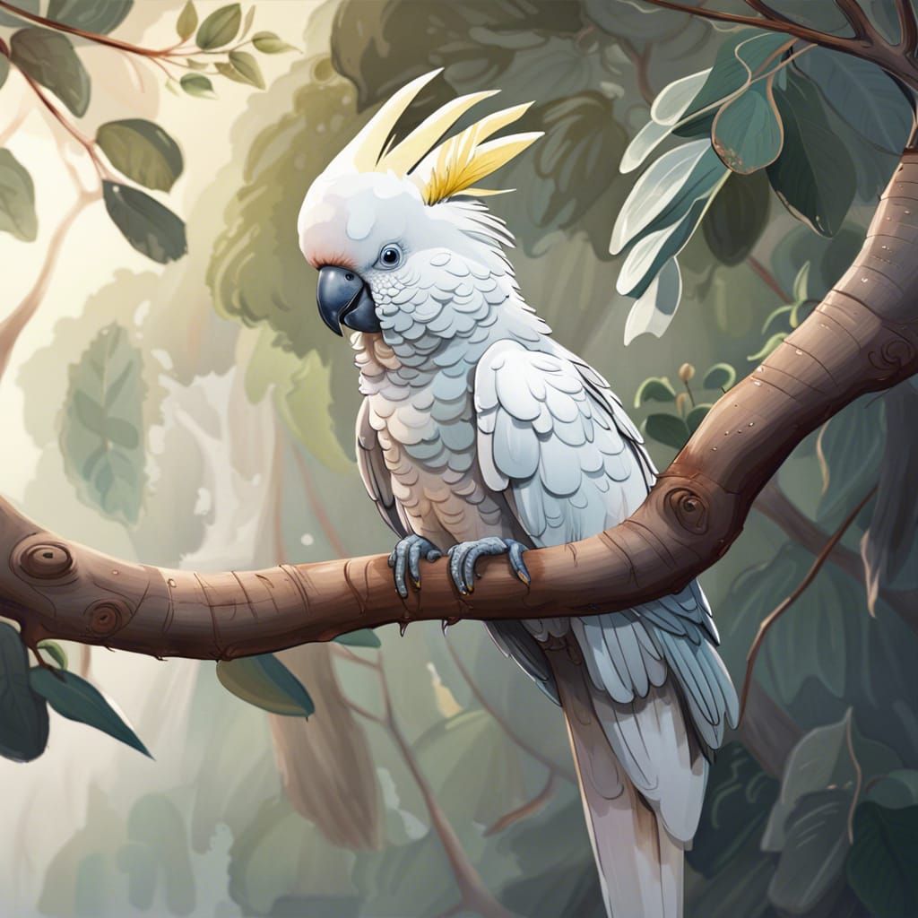 Cockatoo sitting on a eucalyptus branch hyperrealistic water...