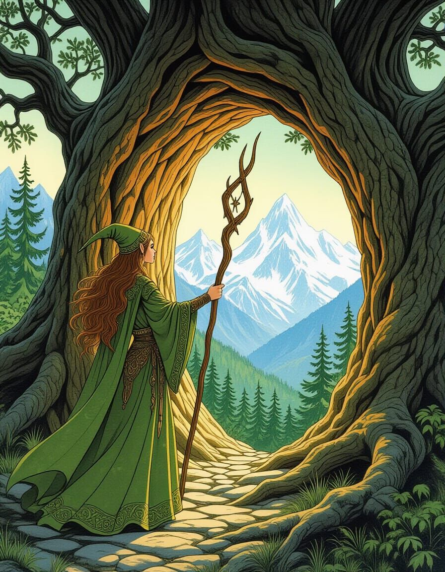 Elf Opens Gateway in Ancient Forest, 1970s Fantasy Style
