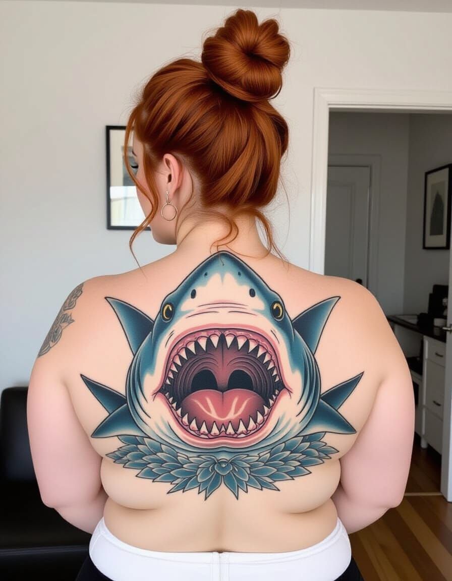 Realistic Shark Mouth Tattoo on Female Back