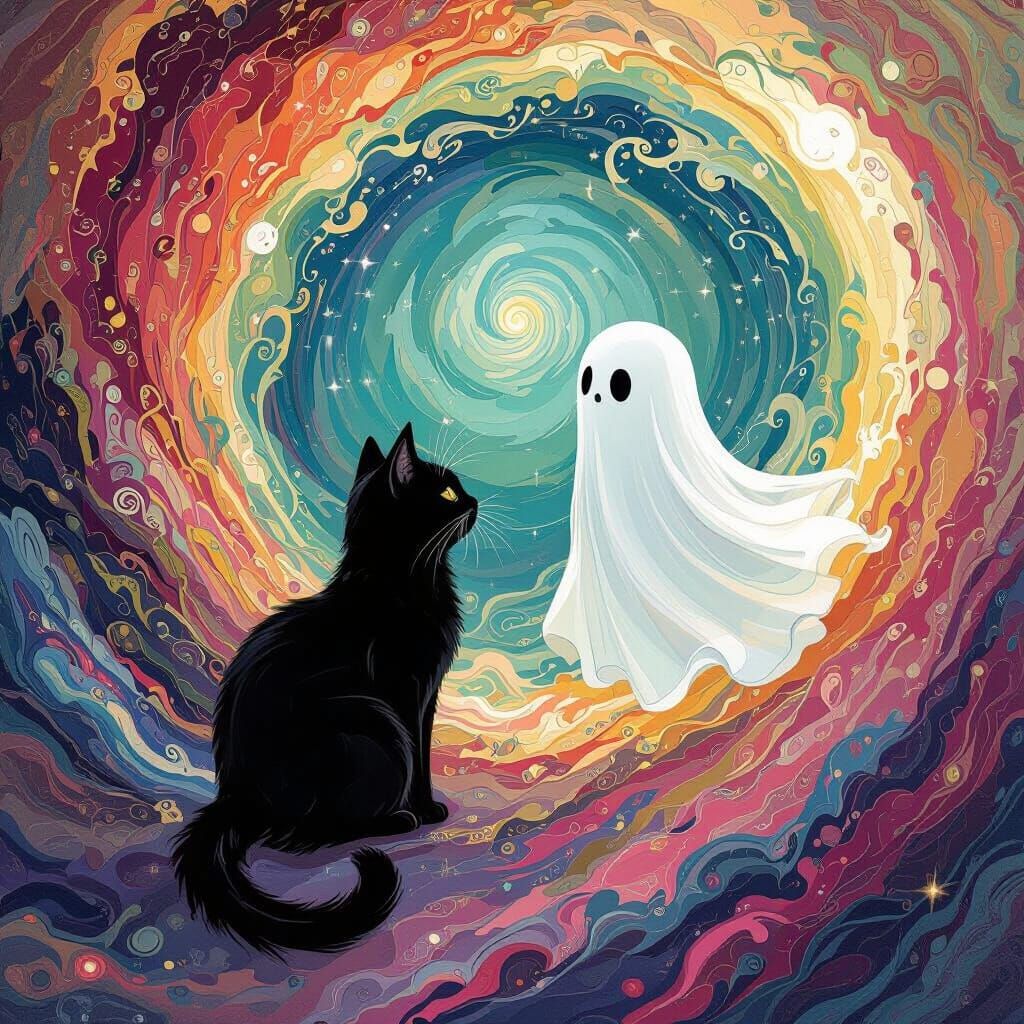 Cat, Ghost, and Colorful World: Waterhouse Style