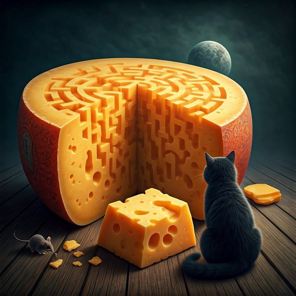 Edamer Cheese Maze: Surreal Photorealistic Art