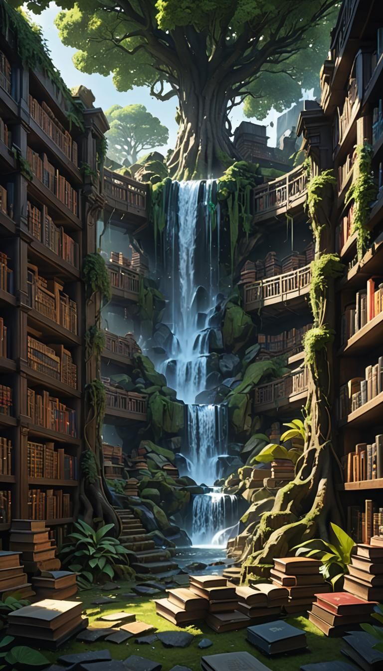Surreal Horror Library Labyrinth in Anime Style