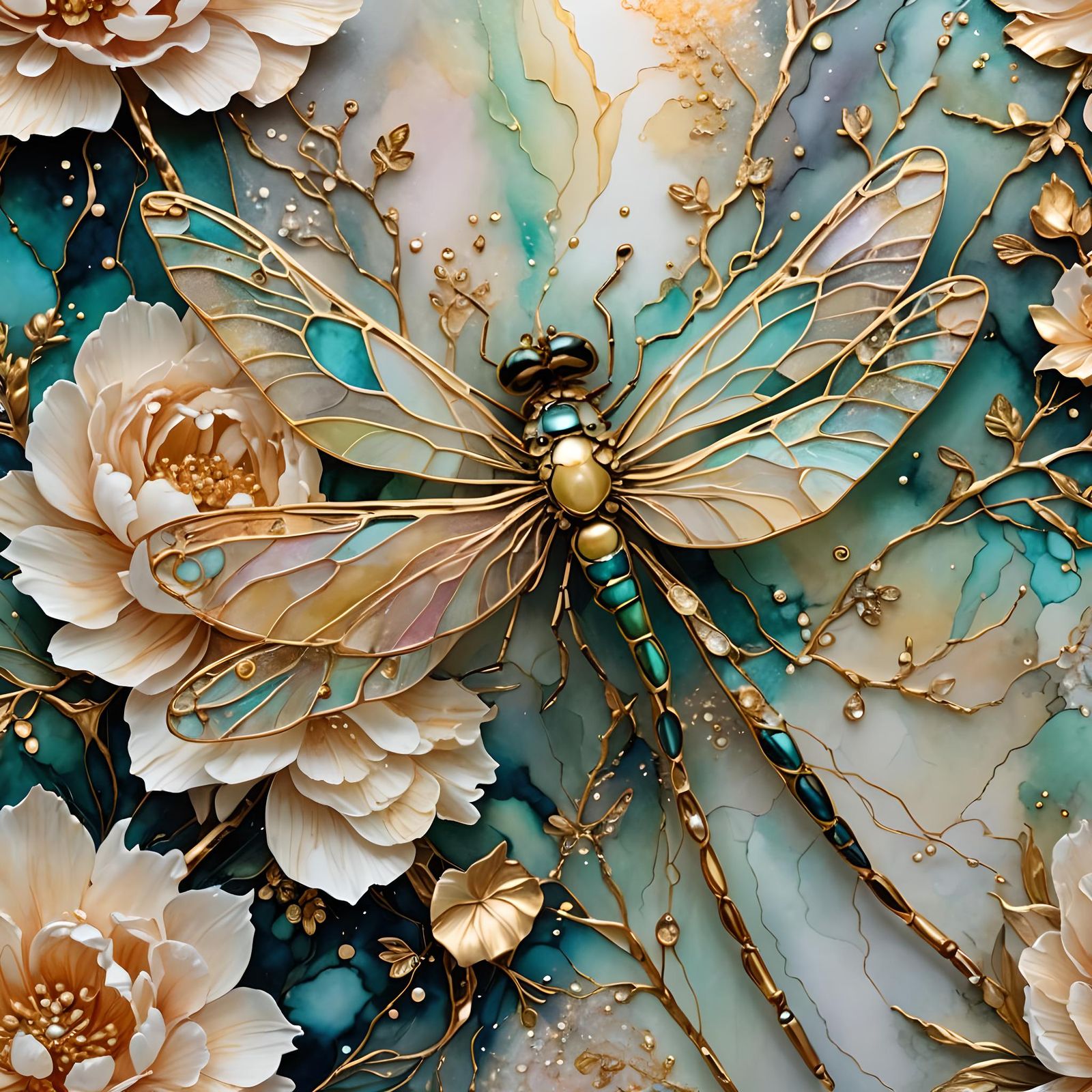 Iridescent Dragonfly on Peony in Alcohol Ink