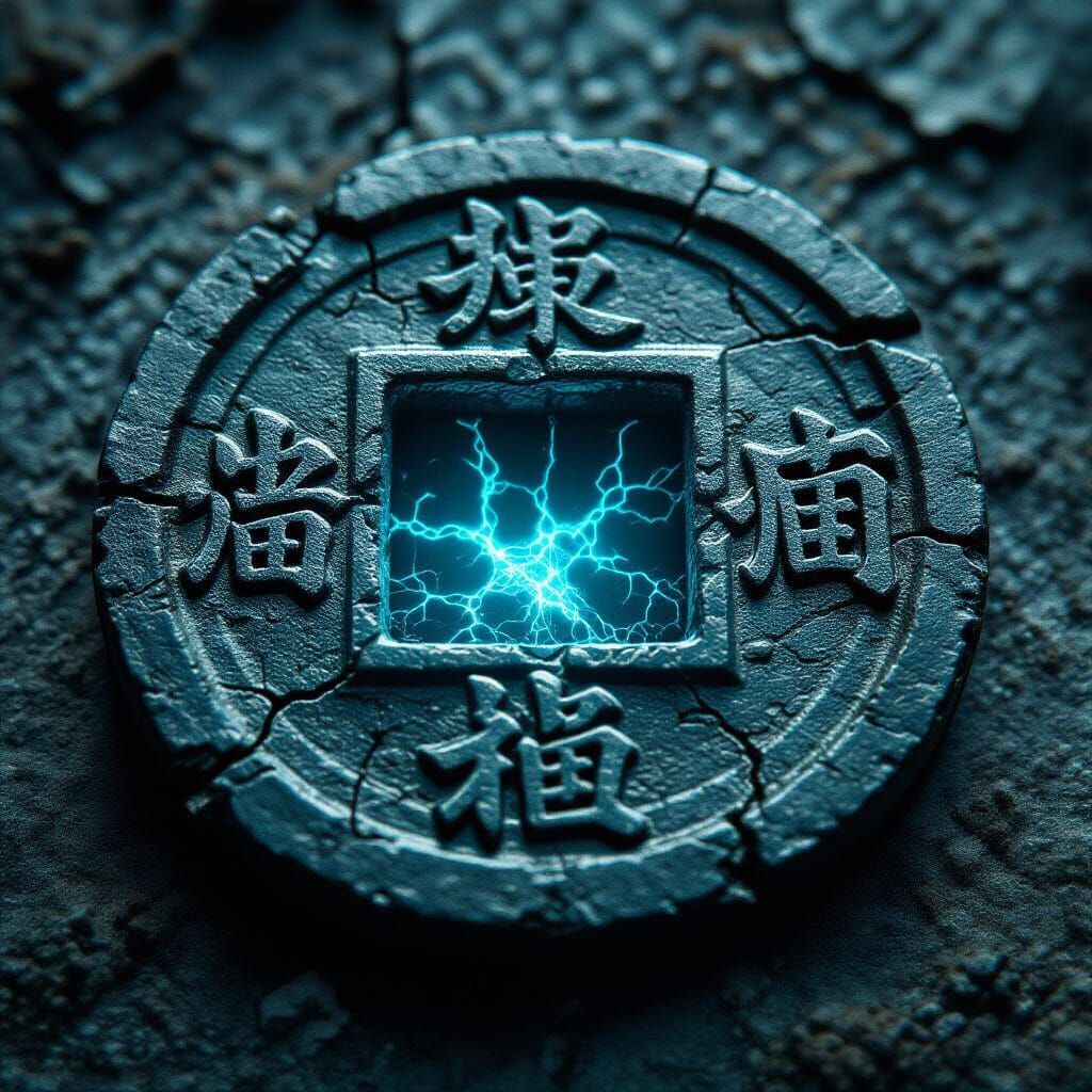 Infernal Coin with Ancient Sigils and Cyan Energy