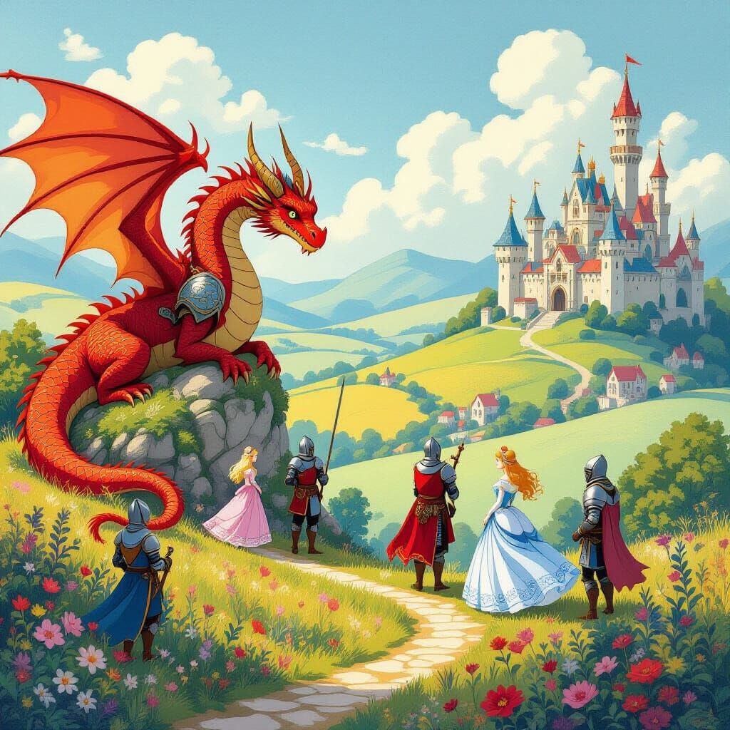 Fairytale Scene with Dragons, Knights, and Princesses