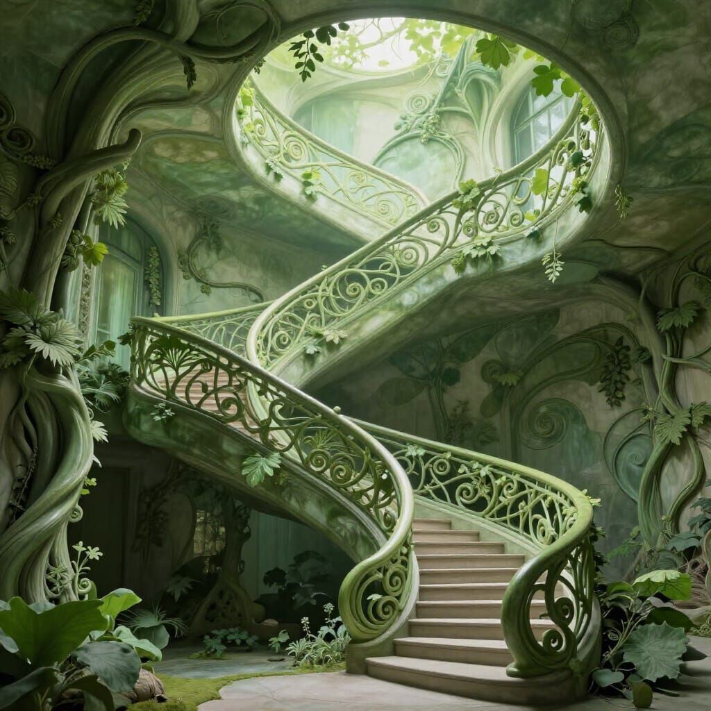 Art Nouveau Staircase in Lush Green Tones