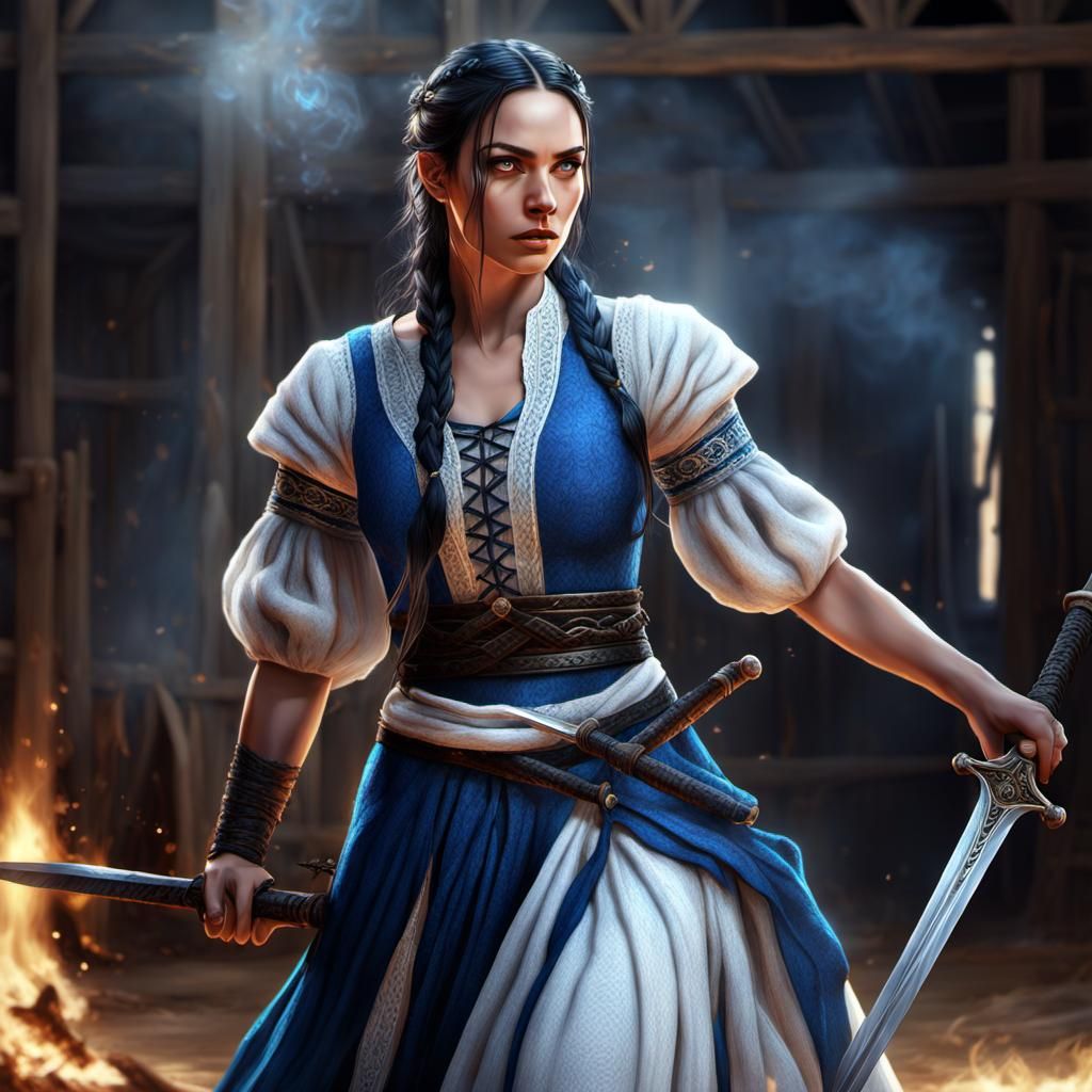 Apprentice Warrior in Burning Barn, Detailed Matte Painting