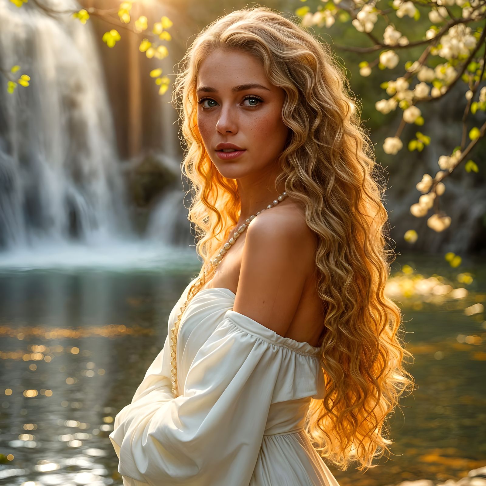 A Beautiful Lady in a White Dress Amidst a Calm Waterfall Sc...