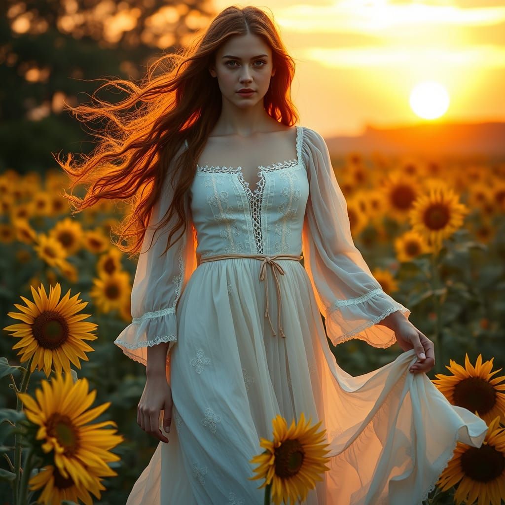 Auburn Haired Woman in Sunflower Field, Pre-Raphaelite Style