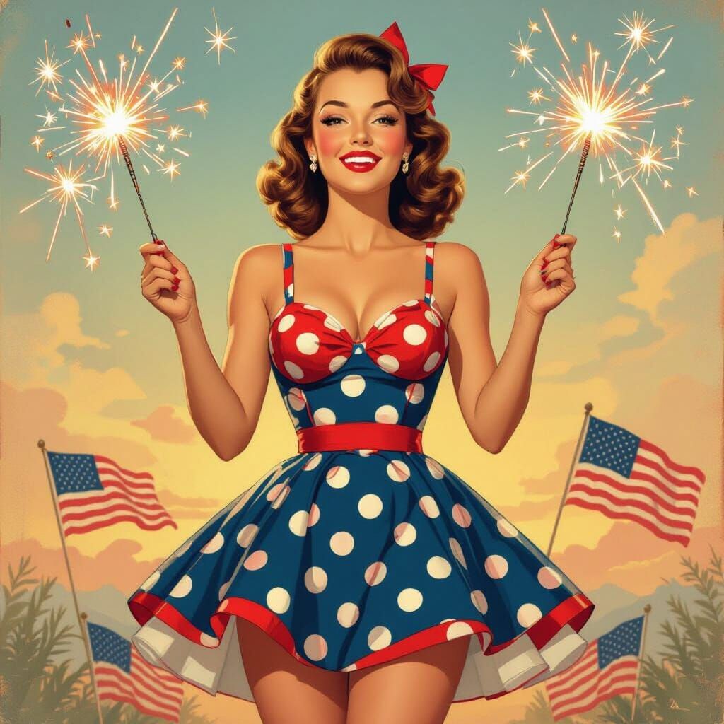Vintage Pin-Up Girl with Fireworks