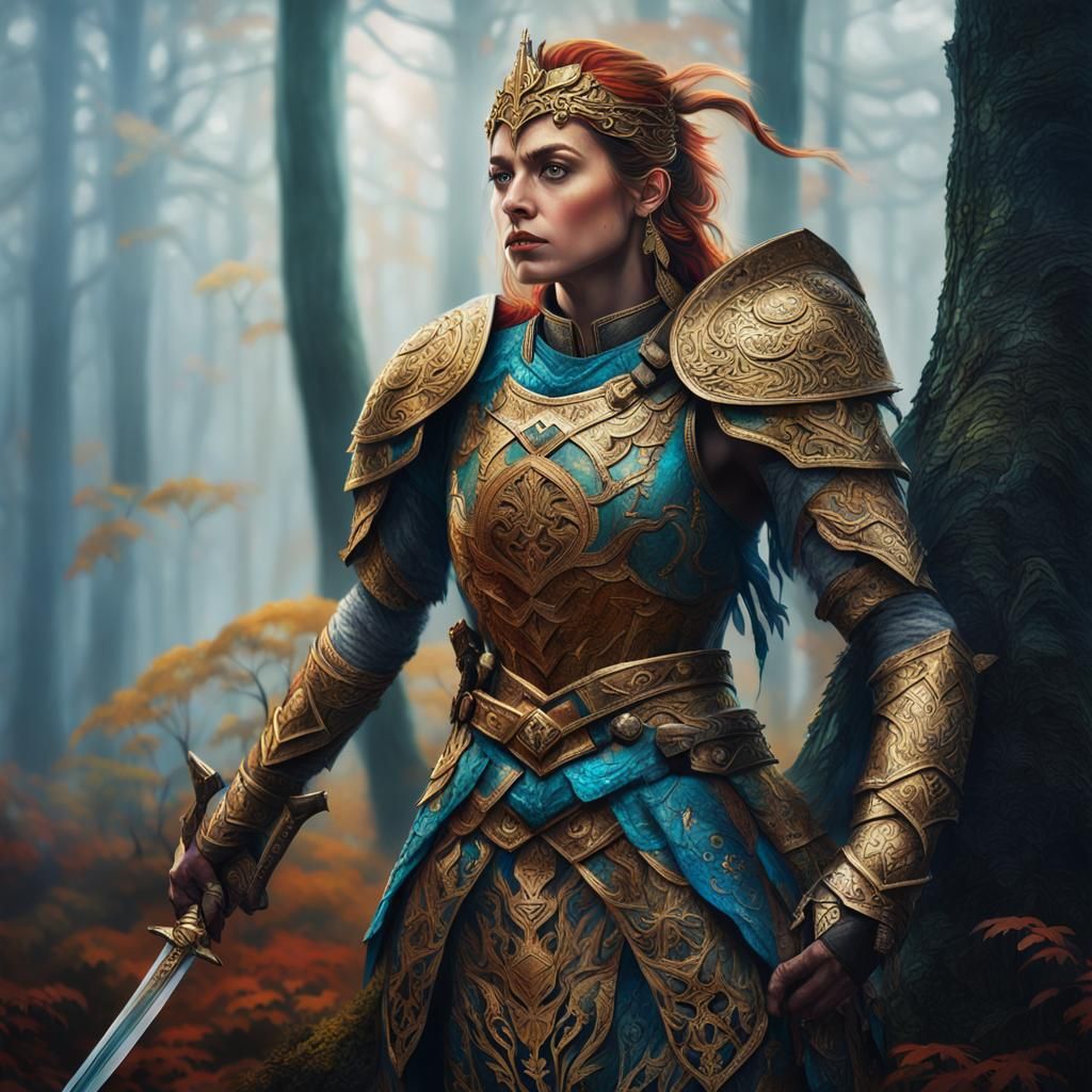 Ornate Warrior in Misty Forest: A Fantasy Illustration