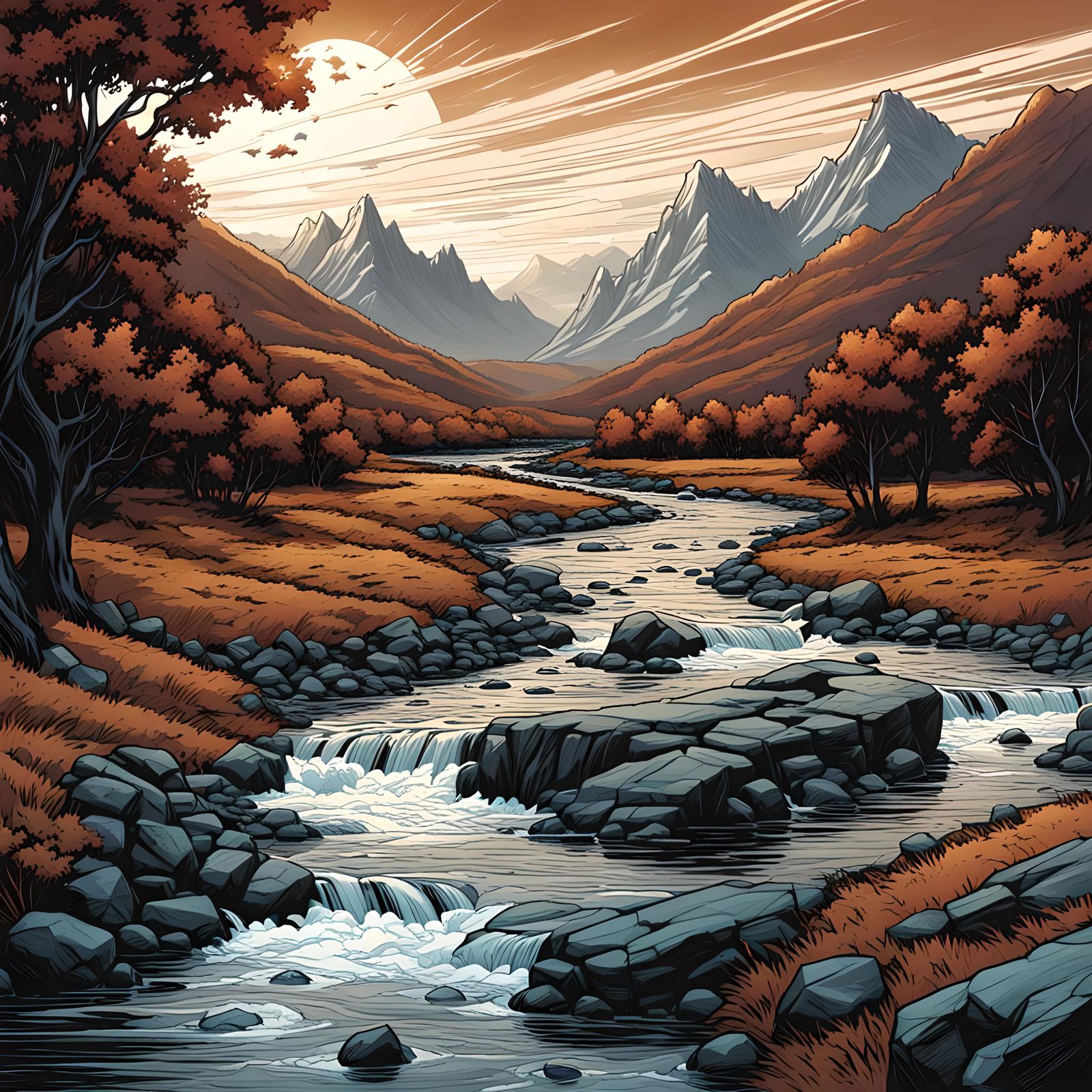 Winding River Through Mountains in Comic Book Style