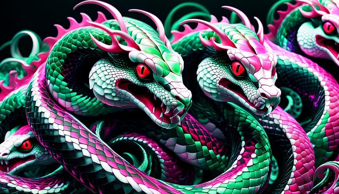Fractal Snake Heads in Neon-Lit Psychedelic Style