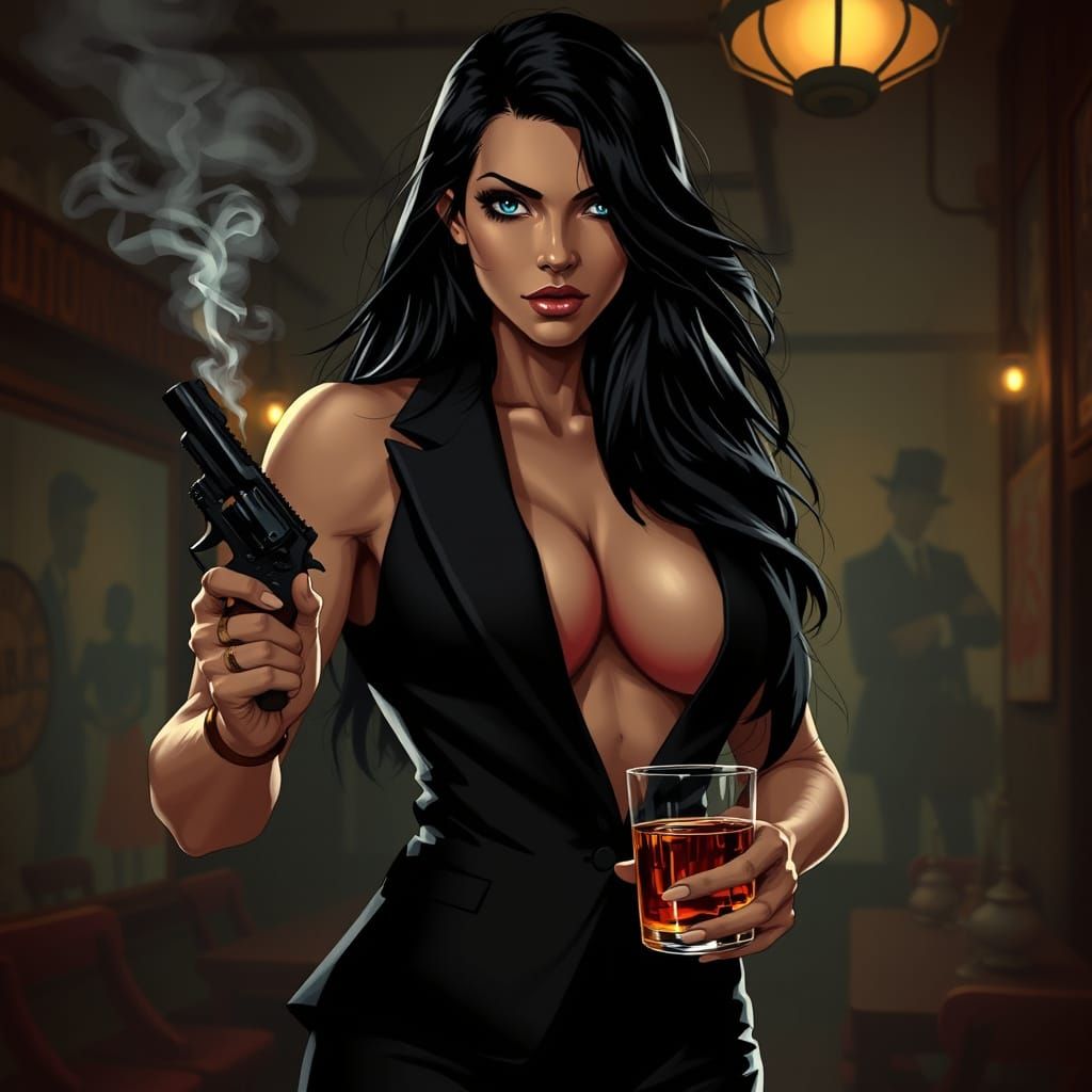 Film Noir Woman with Revolver in Speakeasy
