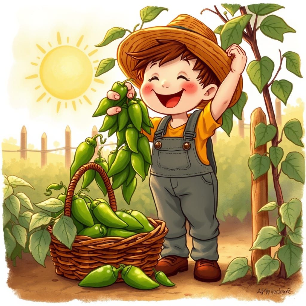 Whimsical Farmer Picking Pickled Peppers in Vintage Style