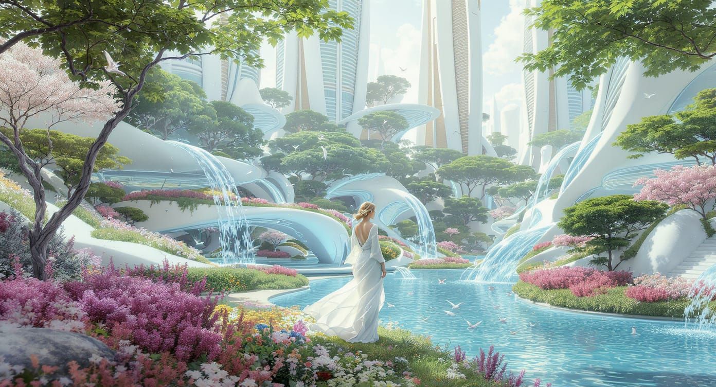 Utopian Future Cityscape with Woman in White Robe
