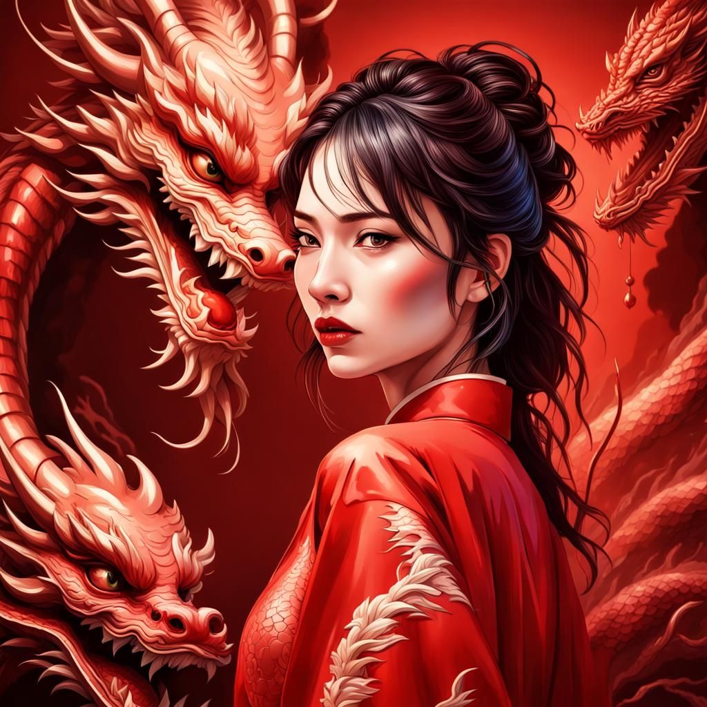 Chinese Dragon and Lady in Red: Hyperrealistic Art