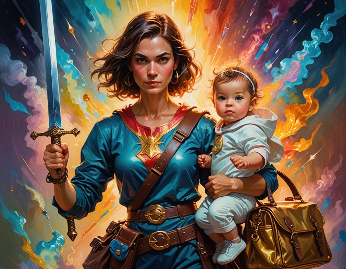 Whimsical Supermom in Vibrant Oil Painting