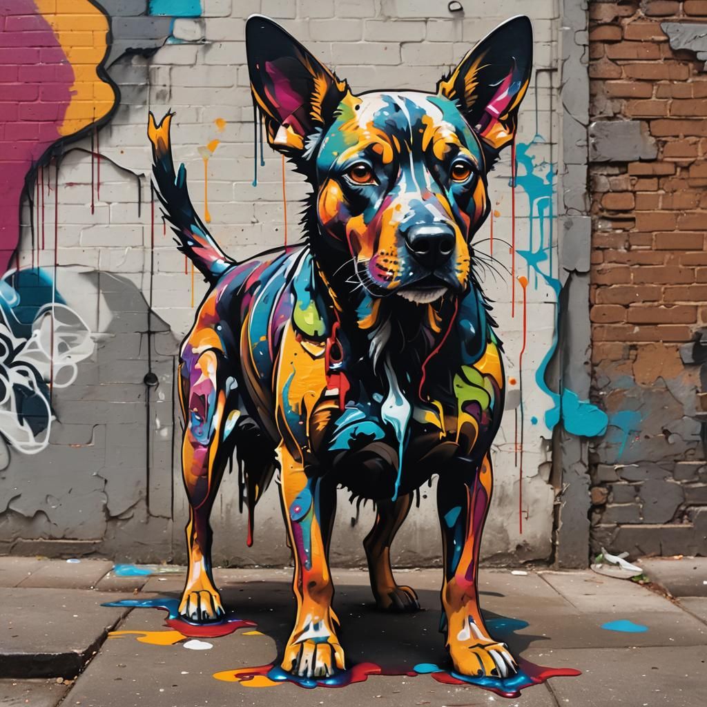 Colorful Graffiti Dog in City Alleyway