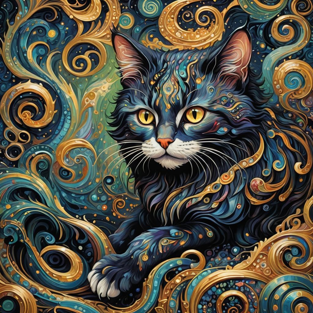 Eldritch Nine-Tailed Cat in Abstract Iridescent Style