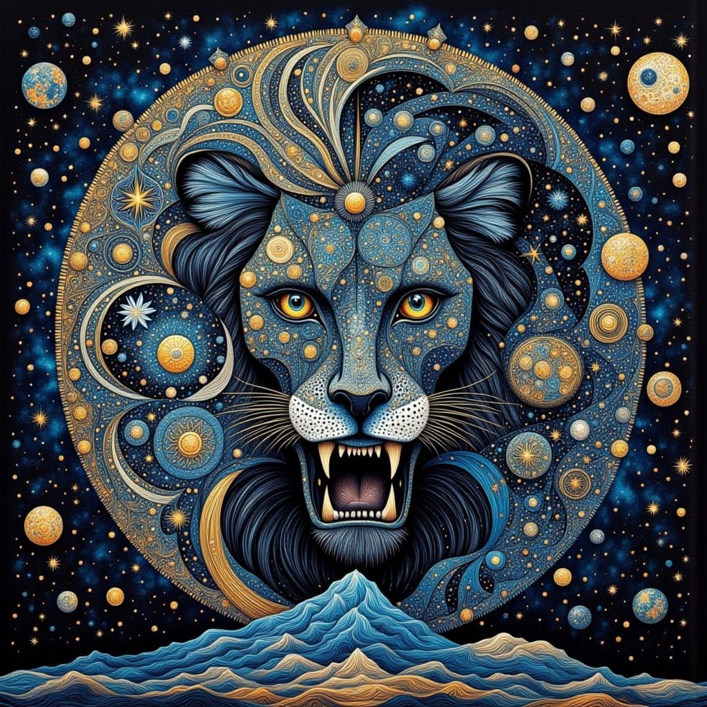 Art Deco Mystical Lion in Double Exposure