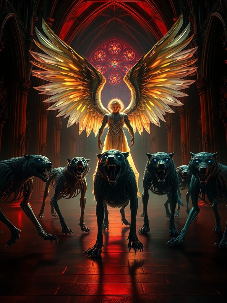Archangel Dominates Circle of Skeletal Wolves in Gothic Cath...
