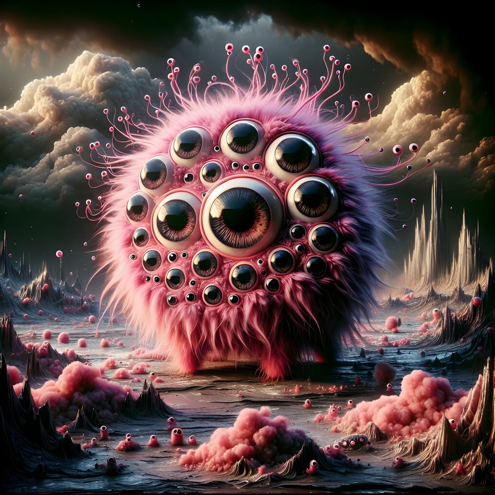 Hyper-Realistic Pink Fluffy Monster in End-Times Landscape