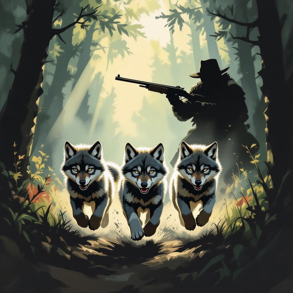 Three Wolf Cubs Fleeing Hunter in Forest