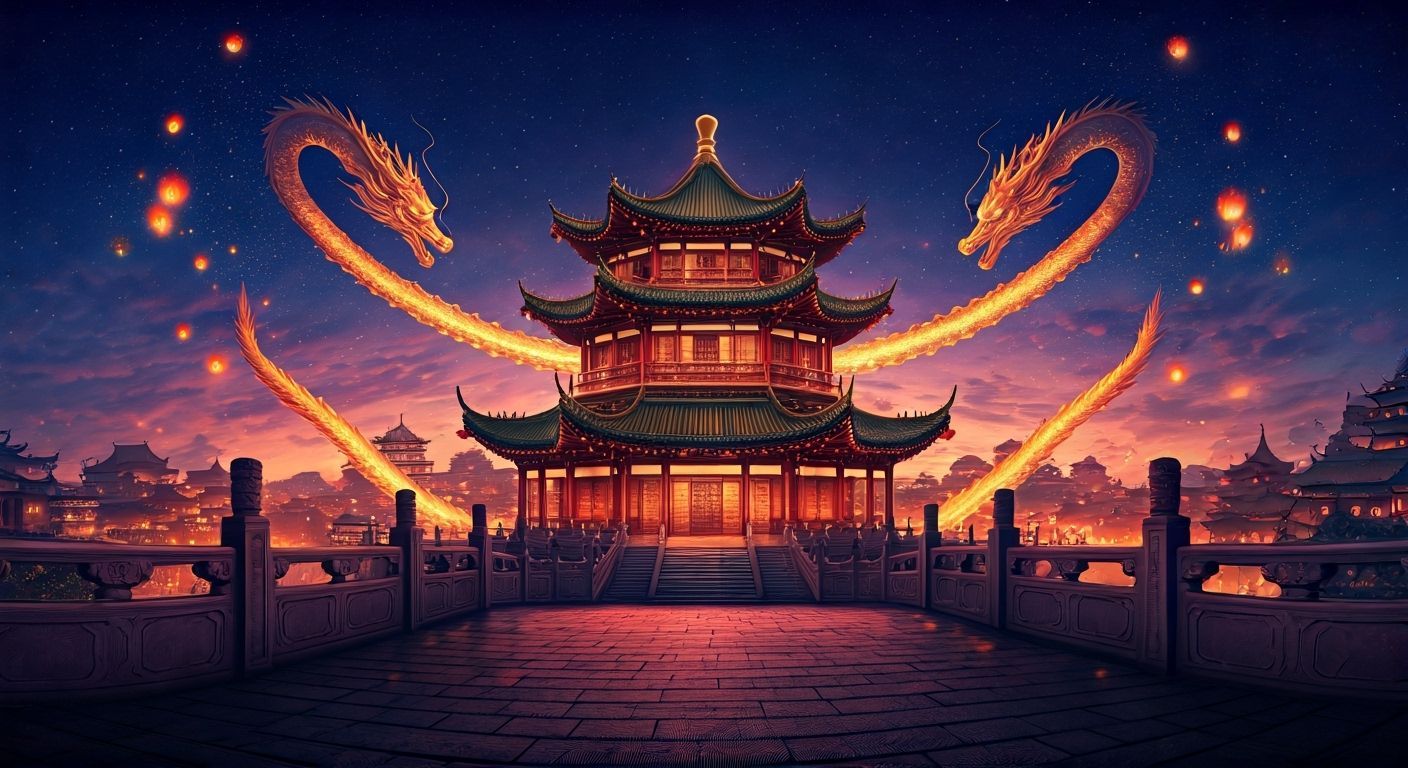 Chinese Magic Pagoda with Dragons at Lantern Festival