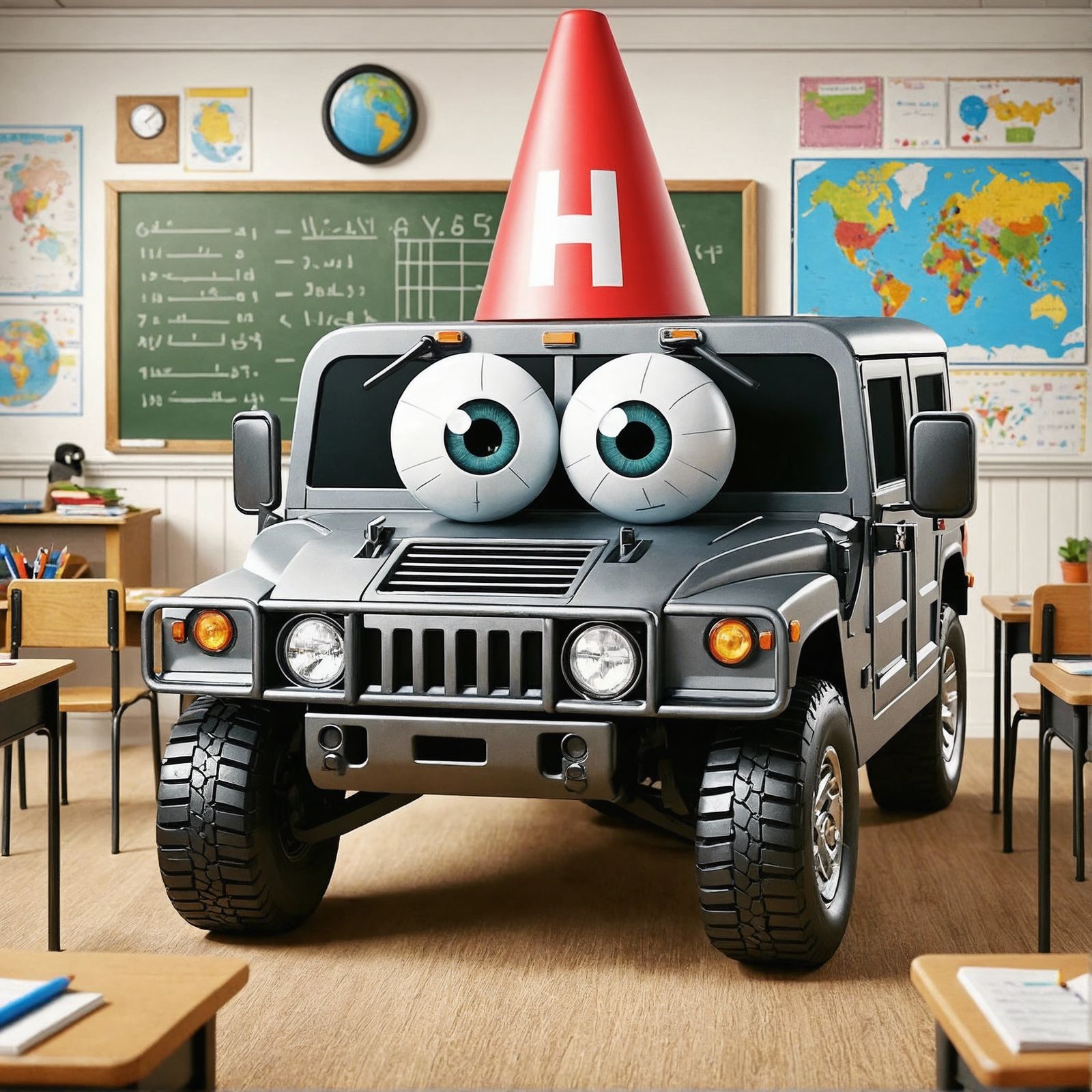 Cross-Eyed Hummer in Classroom: CGI Cartoon Style