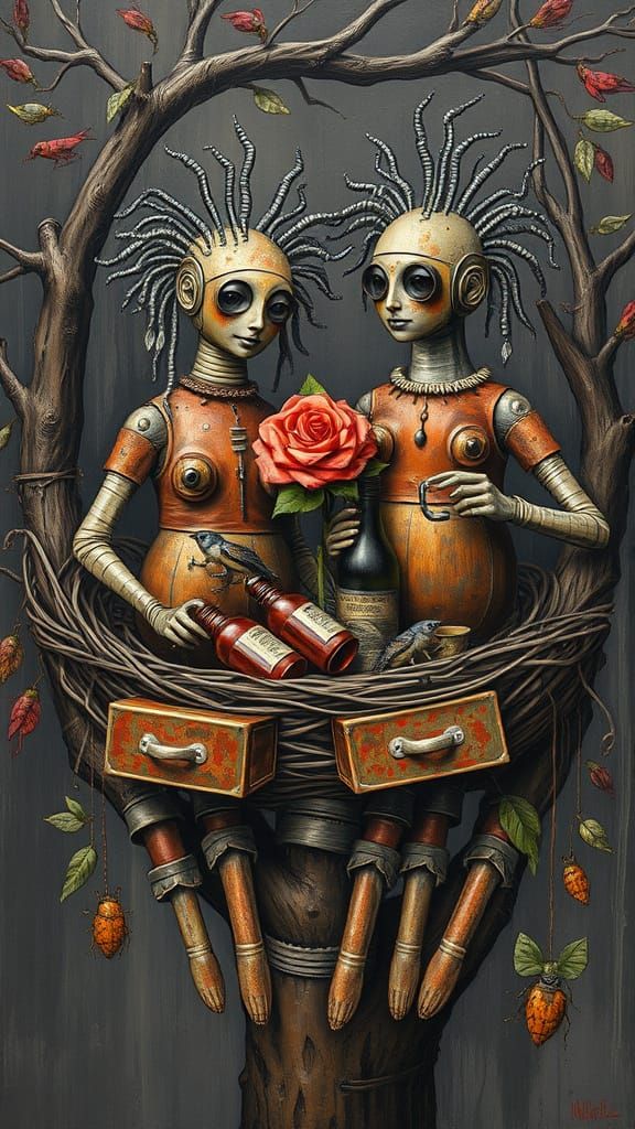 Rusty Metal Figures in a Tree Nest, Durer Style