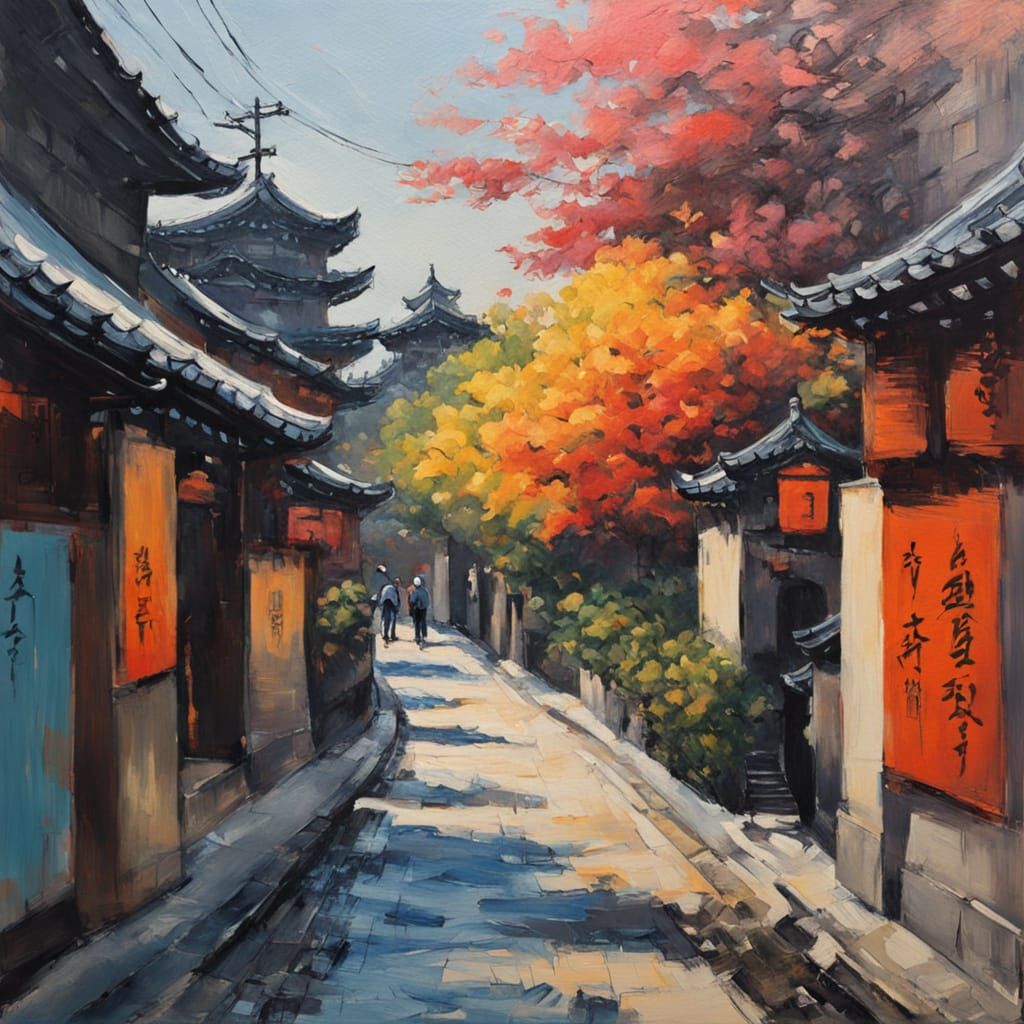 Kyoto Street Scene in Neo-Impressionist Style