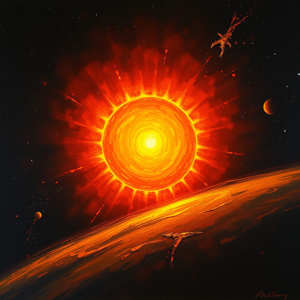 Blazing Sun Radiates in Empty Space: Oil Painting