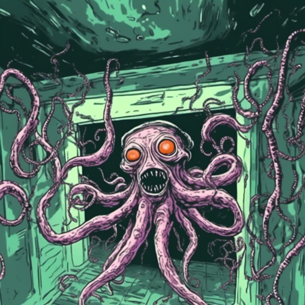 Scary Clown Octopus in Retro Underwater Research Center