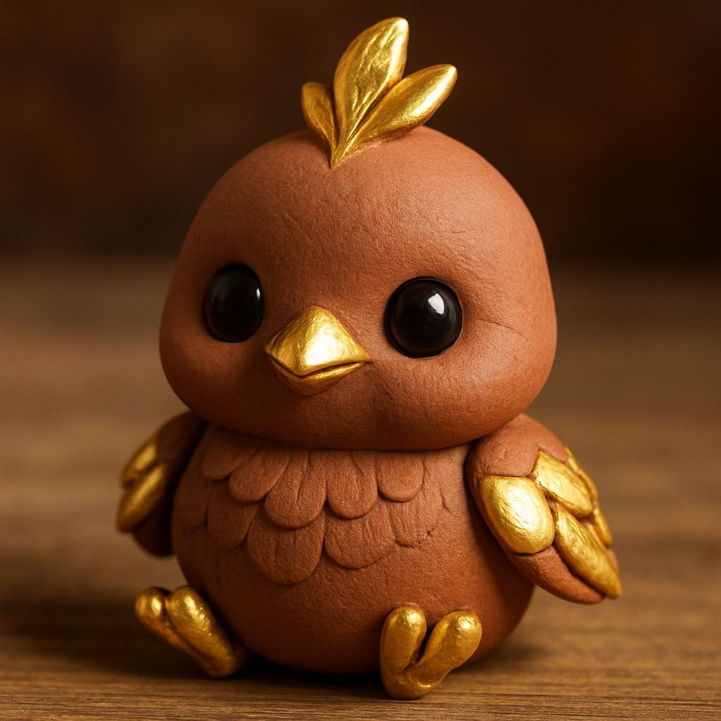 Adorable Golden Clay Baby Bird Sculpture