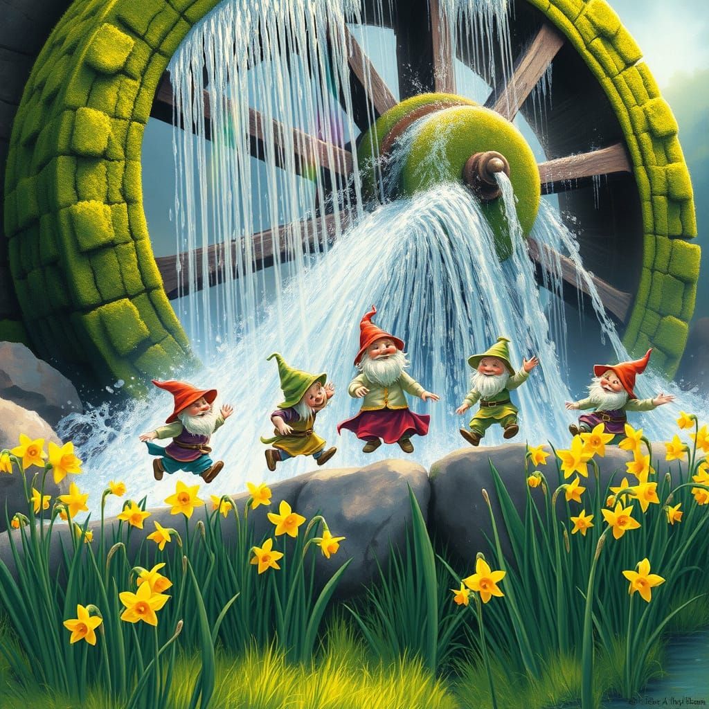 Whimsical Dwarves Dance Amidst Iridescent Water Wheel