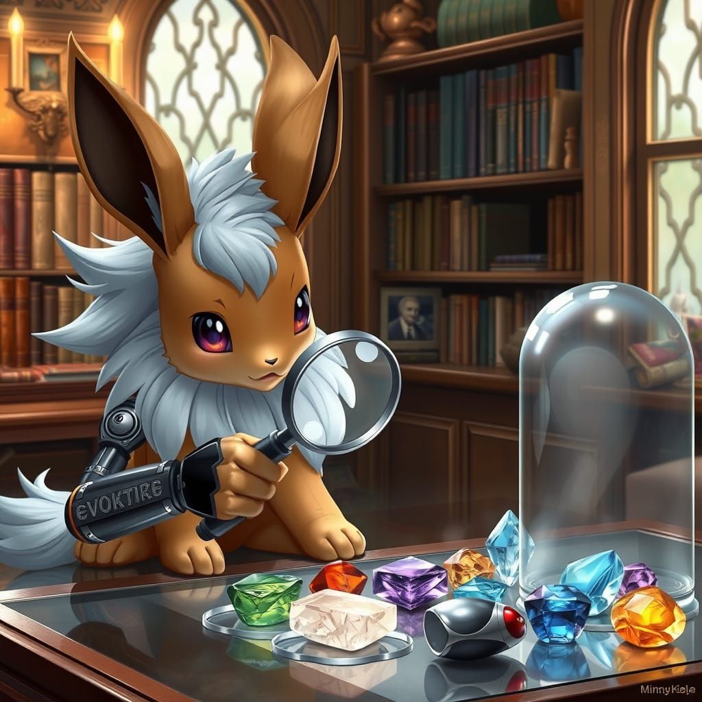 Eevee Investigates Evolution Stones in Whimsical Library