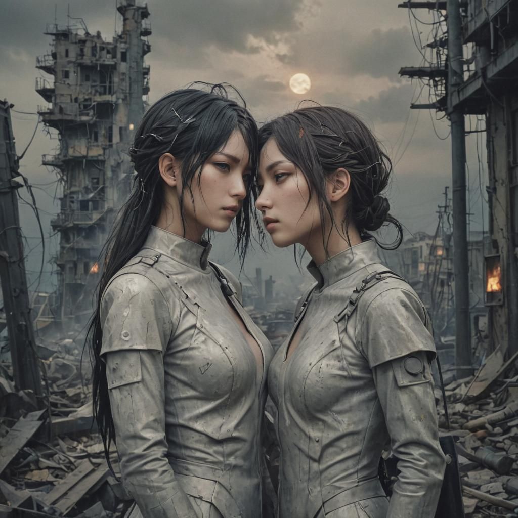 Art style of Kazuma Kaneko, Megami Tensei, surreal, abstract, two lesbian women in love, stark contrast, cool tones, les...