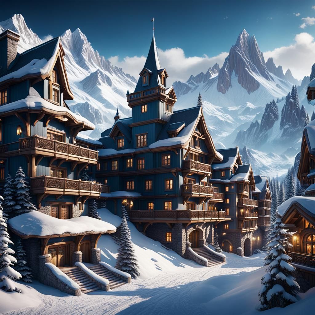 Fantastical Luxury Ski Resort in Matte Painting Style